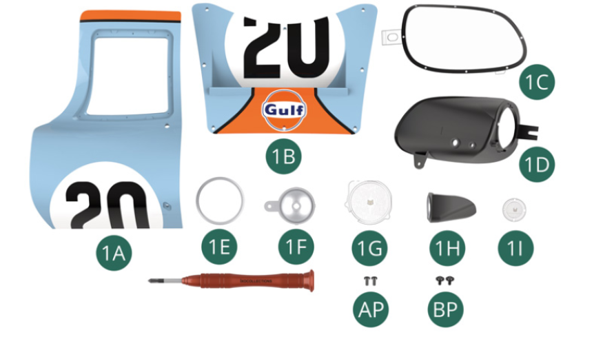 1A Left door 1B Hood with radiator air intake 1CLeft headlight screen 1D Left headlight housing 1E Left headlight cover 1F Left Headlight reflector 1G Left headlight lens  1H Left turn signal housing 1I Left turn indicator lens AP Screw M 1.7 x 4 mm (x 2) BP Screw M 1.7 x 4 x 5 mm (x 2)
