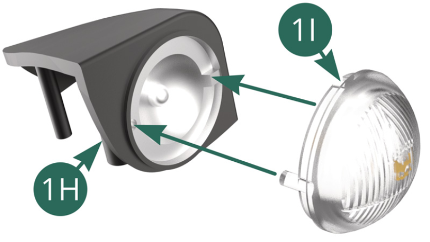 Position the left indicator lens 1I on the left indicator housing 1H. 