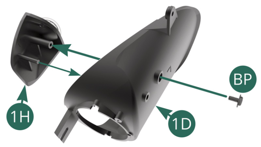Position the left turn indicator housing 1H on the left headlight housing 1D and secure it with a BP screw. 