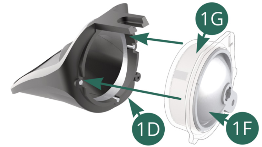 Position the left headlight reflector 1F and headlight lens 1G assembly in the left headlight housing 1D. 