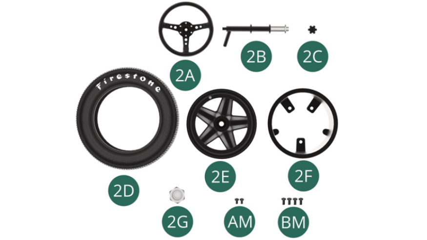 2A Steering wheel2B Steering column2C Steering wheel badge 2D Front wheel 2E Front wheel outer rim 2F Front wheel inner rim 2G Hub coverAM AM Screw M 1.7 x 3 mm (x 2) BM Screw M 2.0 x 4 mm (x 4)