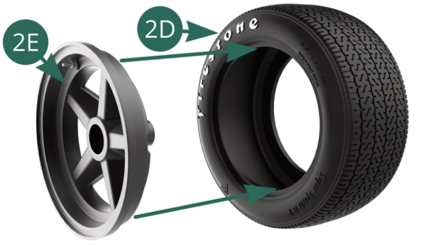 Put the 2D tire in hot water for 2 minutes, then position the outer rim 2E on the front 2D wheel.