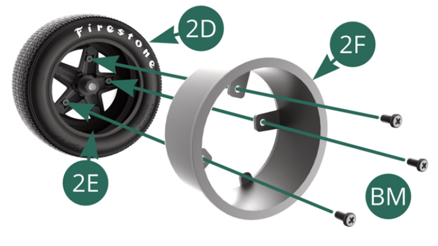 Position the inner rim 2F on the front wheel 2D and fix it to the outer rim 2E with three BM screws. 