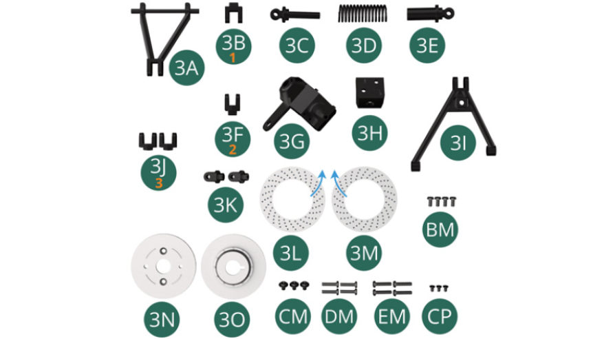 3A Upper swing arm 3B Upper shock absorber support (marked 1) 3C Shock absorber piston 3D Shock absorber spring 3E Shock absorber cylinder 3F Lower shock absorber support (marked 2) 3G Top of hub carrier 3H Bottom of hub carrier 3I Lower swing arm 3J Lower swing arm bracket (x 2, marked 3) 3K Hub carrier hinge (x 2) 3L External surface of the brake disc (the arrow indicates the direction of the ventilation holes) 3M Internal surface of the brake disc (the arrow indicates the direction of the ventilation holes) 3N Internal brake half-disc 3O External brake half-disc BM Screw M 2.0 x 4 mm (x 4) CM Screw M 2,0 x 3 x 5 mm (x 3) DM Screw M 2.0 x 8 mm (x 4) EM Screw M 2.0 x 9 mm (x 4) CP Screw M 1.7 x 3 mm (x 3)