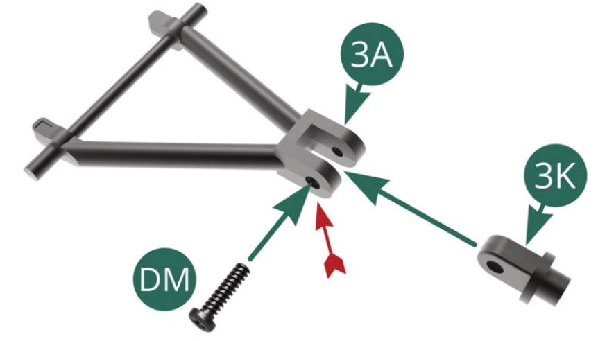 Position the 3K hub carrier articulation on the upper swing arm 3A and secure it with a DM screw passing it through the larger hole (red arrow).  Position the top of the 3G hub carrier on the articulation of the 3K hub carrier and secure it with a CM screw.