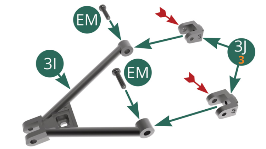 Successively position the two lower swingarm brackets 3J (marked 3) on the lower swingarm 3I and fix each of them with an EM screw passing it through the larger hole (red arrow).