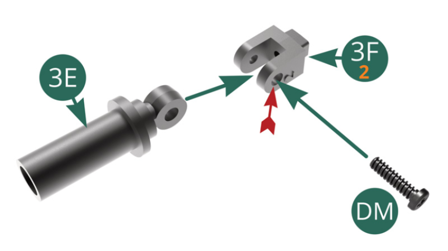 Position the 3F shock absorber lower bracket (marked 2) on the 3E shock absorber cylinder and secure it with a DM screw passing it through the larger hole (red arrow).