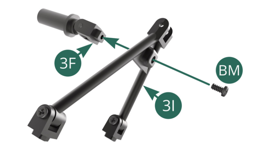 Position the 3F shock absorber lower bracket on the 3I lower swingarm and secure it with a BM screw. 