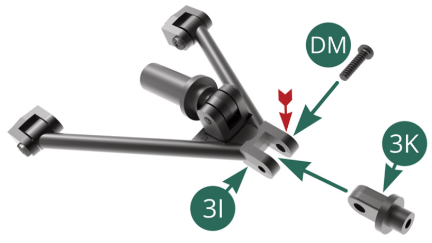 Position the 3K hub carrier articulation on the 3I lower swingarm and secure it with a DM screw passing it through the larger hole (red arrow).