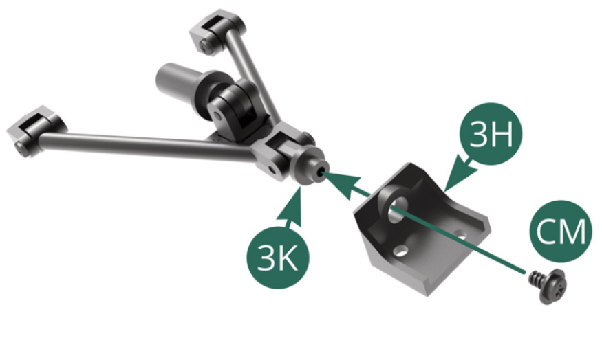 Position the bottom of the 3H hub carrier on the articulation of the 3K hub carrier and secure it with a CM screw. 