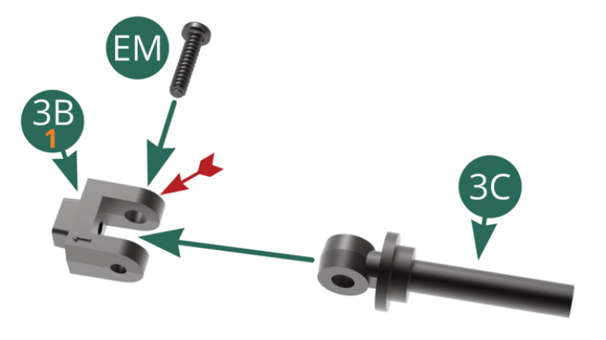 Position the upper shock absorber bracket 3B (marked 1) on the shock absorber piston 3C and secure it with an EM screw passing it through the larger hole (red arrow).