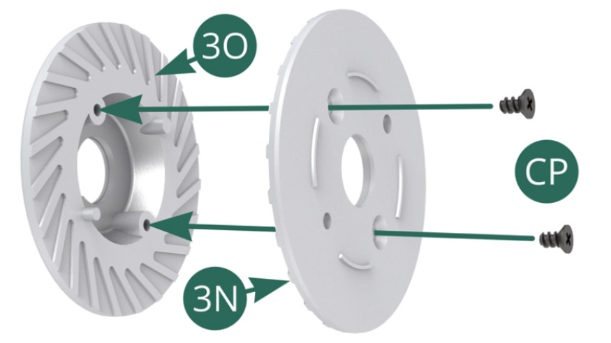 Position the inner 3N and outer 3O brake half-discs together and secure them with two CP screws.