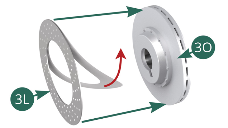 Peel off the paper backing (red arrow) from the outer surface of the 3L brake disc (as indicated with the blue arrow below) and apply the adhesive to the 3O outer brake disc half.