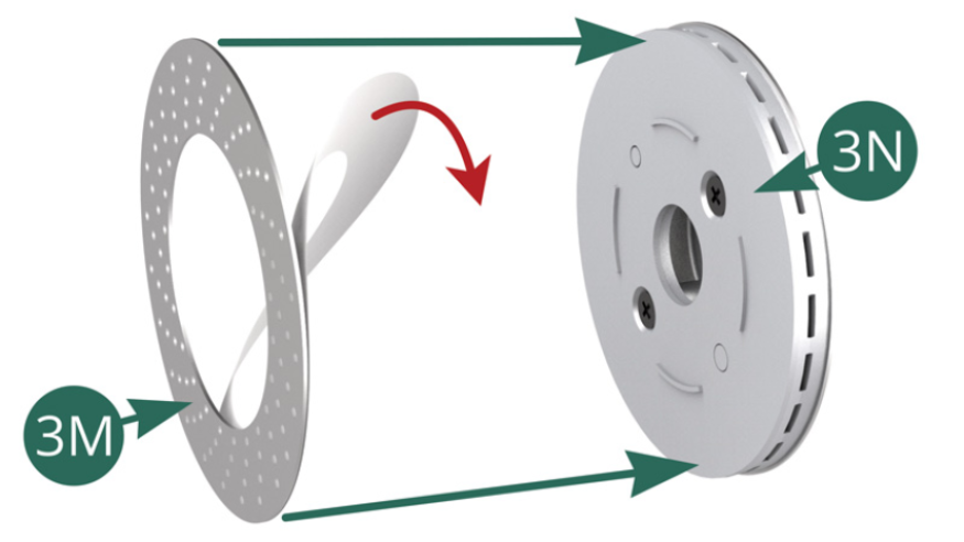Peel off the paper backing (red arrow) from the inner surface of the 3M brake disc (as indicated with the blue arrow below) and apply the adhesive to the 3N inner brake disc.