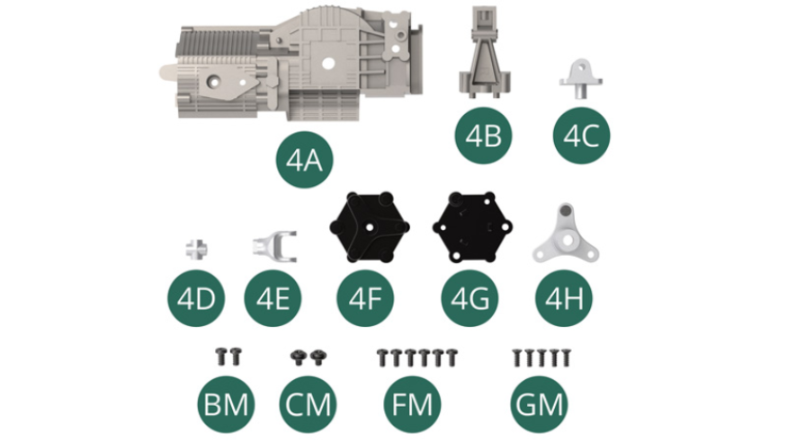 4A Right gearbox housing 4B Right side mounting bracket 4C Transmission seal 4D Cross 4E Transmission seal 4F Internal flector 4G External flector 4H Cardan shaft BM Screw M 2.0 x 4 mm (x 2) CM Screw M 2.0 x 3 x 5 mm (x 2) FM Screw M 1.7 x 4 mm (x 6)GM Screw M 1, 7 x 5 mm (x 5)