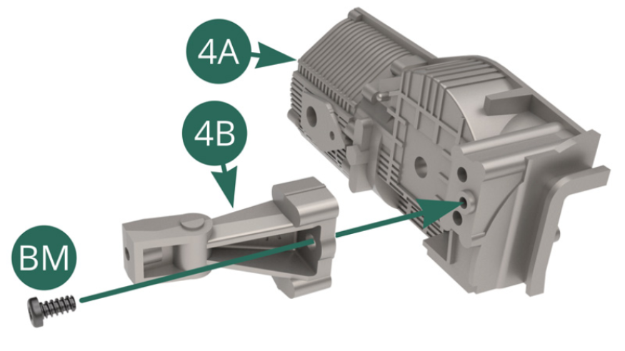 Position the right-side mounting bracket 4B on the right-hand gearbox housing 4A and secure it with a BM screw. 