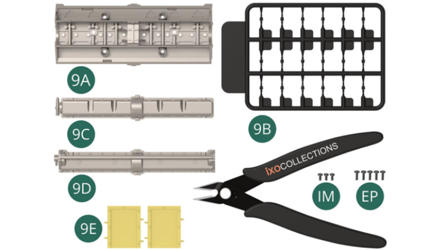 9A Right cylinder head 9B Spark plugs (x 12 + 6 additional) 9C Intake valve cover 9D Exhaust valve cover9E Bulkhead (x 2) IM Screw M 1.7 x 3.5 mm (x 3) EP Screw M 1.7 x 5 mm (x 5) 