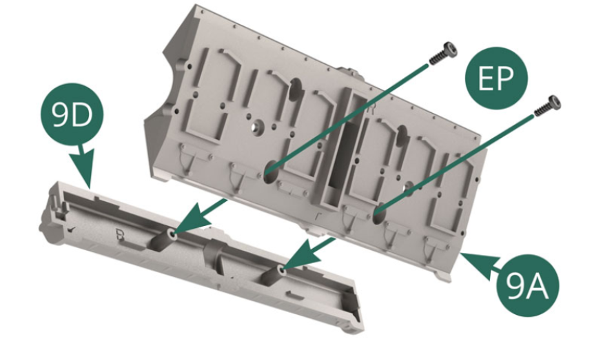Position the exhaust valve cover 9D on the underside of the right cylinder head 9A and secure it with two EP screws. 