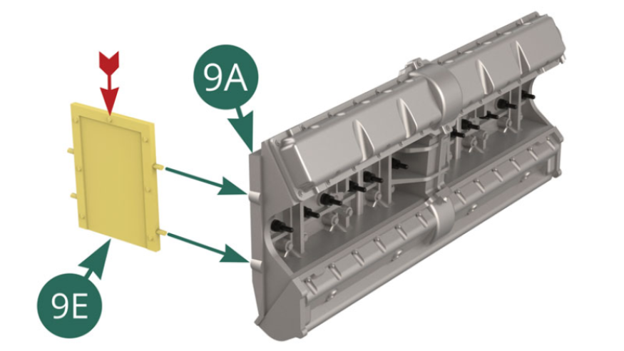 Position the first partition 9E, riveted face outward (red arrow), on the side at the left end of cylinder head 9A.