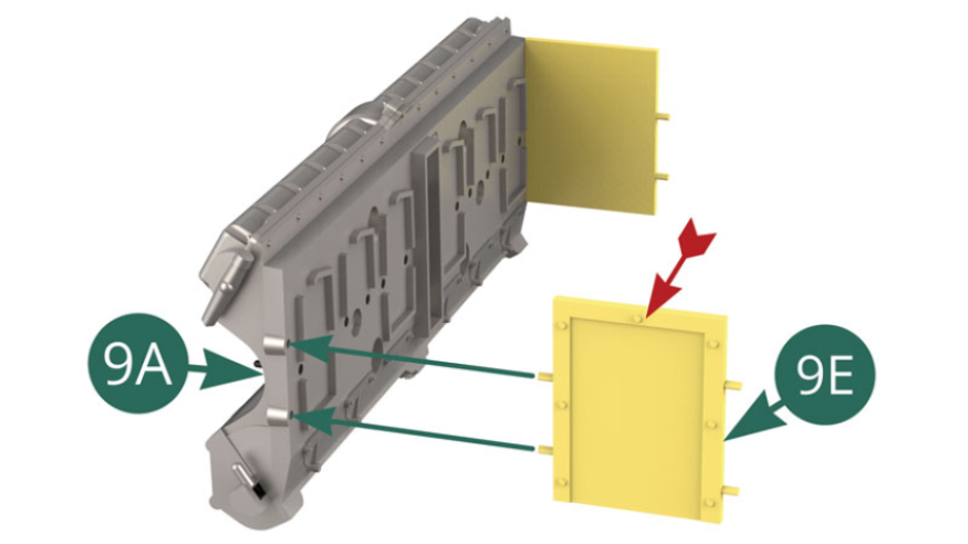 Position the second bulkhead 9E, riveted face outward (red arrow), on the side at the right end of cylinder head 9A. 