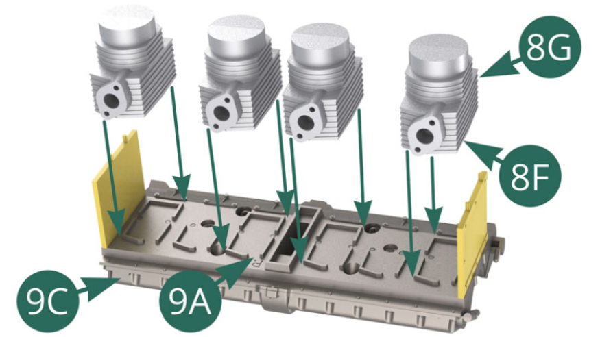 Position four cylinders composed of elements 8F and 8G in the guide ribs on the rear wall of the right cylinder head 9A.