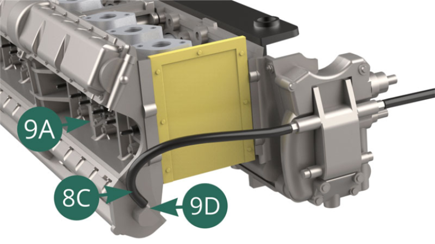Connect the 8C oil hose to the nozzle located at the end of the 9D exhaust valve cover. 