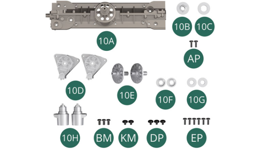 10A Crankcase top 10B Pulley 10C O-ring 10D Generator (x 2) 10E Front cover and axle (x 2) 10F Pulley (x 2) 10G O-ring (x 2) 10H Distributor base (x 2)BM Screw M 2.0 x 4 mm (x 3) KM Screw M 1.7 x 3 x 5 mm (x 2) DP Screw M 1.7 x 3 x 5 mm (x 3) EP Screw M 1.7 x 5 mm (x 5) AP Screw M 1.7 x 4 mm (x 2)