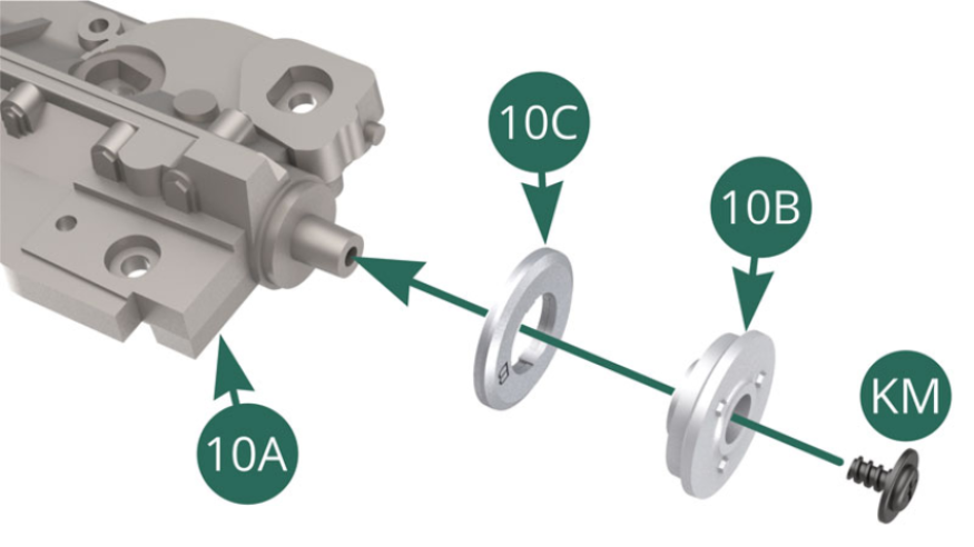 Fit the O-ring 10C on the pulley 10B, then position the assembly on the shaft outlet of the crankcase top 10A and secure it with a KM screw.