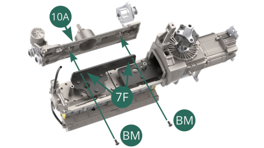 Position the engine casing top 10A on the linkage support 7F and secure it with two BM screws. 