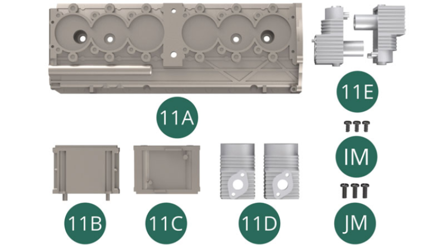 11A Left engine block 11B Transmission box 11C Transmission housing cover 11D Upper part of cylinder (x 2) 11E Lower part of cylinder (x 2) IM Screw M 1.7 x 3.5 mm (x 3) JM Screw M 2,0 x 5 mm (x 3)