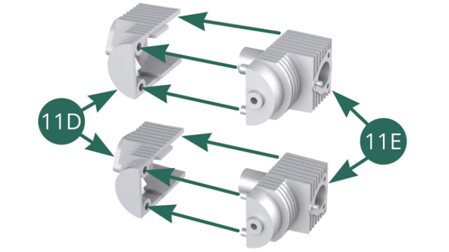 Assemble simultaneously  the upper parts 11D and the lower parts 11E to form two cylinders. 