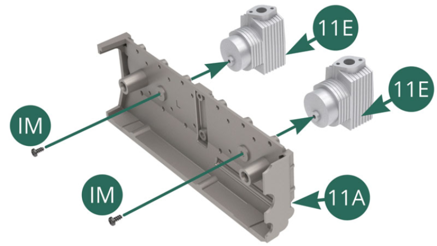 Position the two cylinders assembled, through their lower parts 11E, on the outer face of the left engine block 11A and secure them with two IM screws.