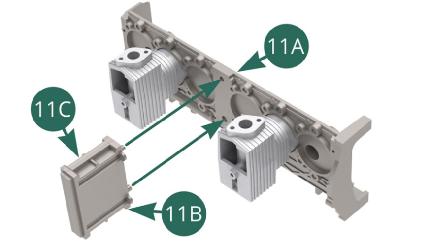 Position the transmission box 11B on the left engine block 11A using the two lugs. 