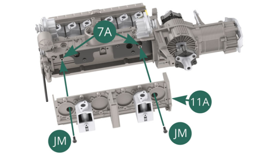 Position the left engine block 11A on the right engine block 7A and secure it with two JM screws. 