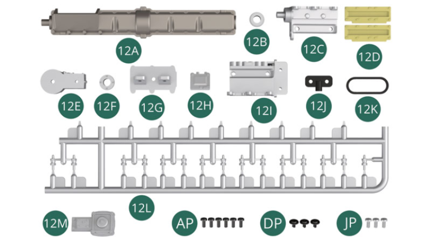 12A Intake valve cover 12B Main gear 12C Compressor 12D Side cover (x 2)12E Compressor housing 12F Secondary pinion (note the four rivets on the side) 12G Compressor base 12H Inspection hatch 12I Compressor outer body 12J Connector 12K Toothed belt 12L Injector nozzle (x 15) 12M Housing cover AP Screw M 1.7 x 4 mm (x 6) DP Screw M 1.7 x 3 x 5 mm (x 3)JP Screw M 1.7 x 4 mm (x 3, silver)