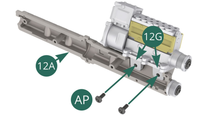 Position the base of the compressor 12G on the intake valve cover 12A and secure it with two AP screws (illustrations below).