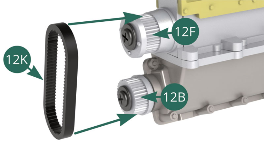 Position the toothed belt around the secondary pinion 12F and the main pinion 12B. 