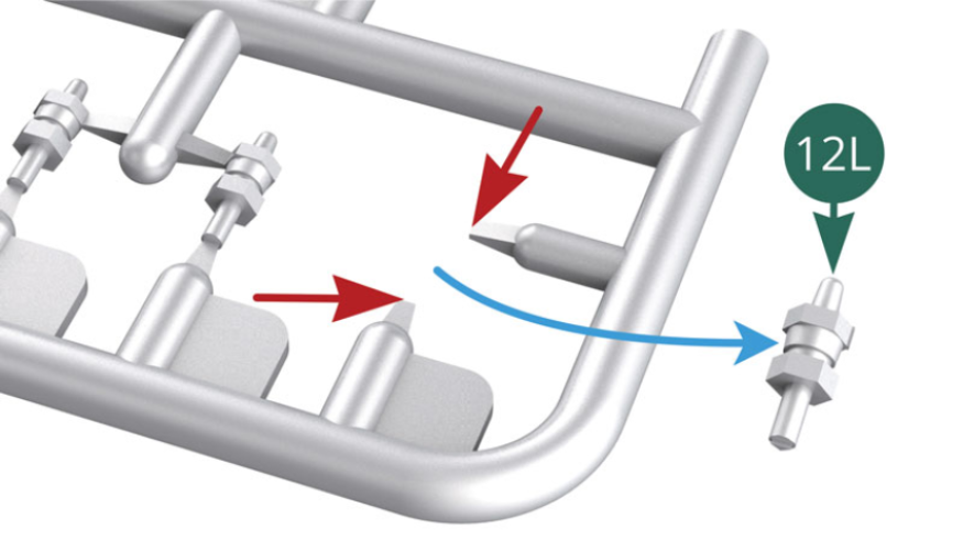 Carefully detach twelve 12L injector nozzles from the holder using the pliers (red arrows). 