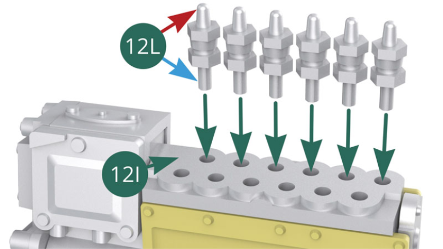 Position one by one, in two rows, the twelve 12L injector nozzles on the outer body of the 12I compressor. Mark the correct direction of assembly of the nozzles (red and blue arrows). 