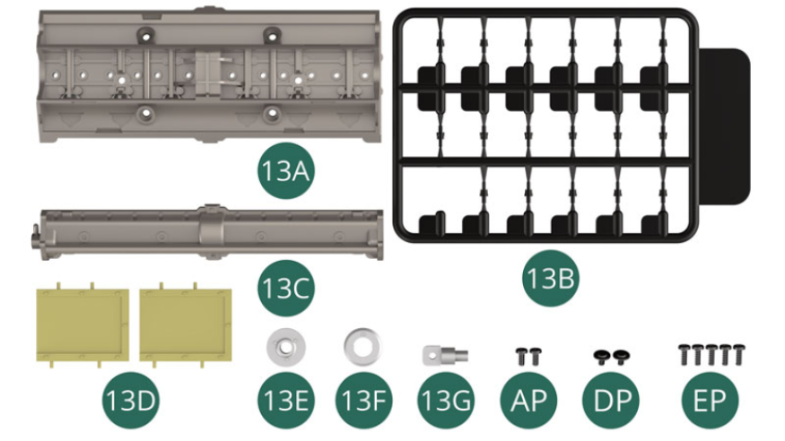 13A Left cylinder head 13B Spark plugs (x 12 + 6 additional) 13C Exhaust valve cover 13D Partition (x 2) 13E Outer pulley 13F Inner pulley 13G Pulley shaft AP Screw M 1.7 x 4 mm (x 2) DP Screw M 1.7 x 3 x 5 mm (x 2) EP Screw M 1.7 x 5 mm (x 5) 