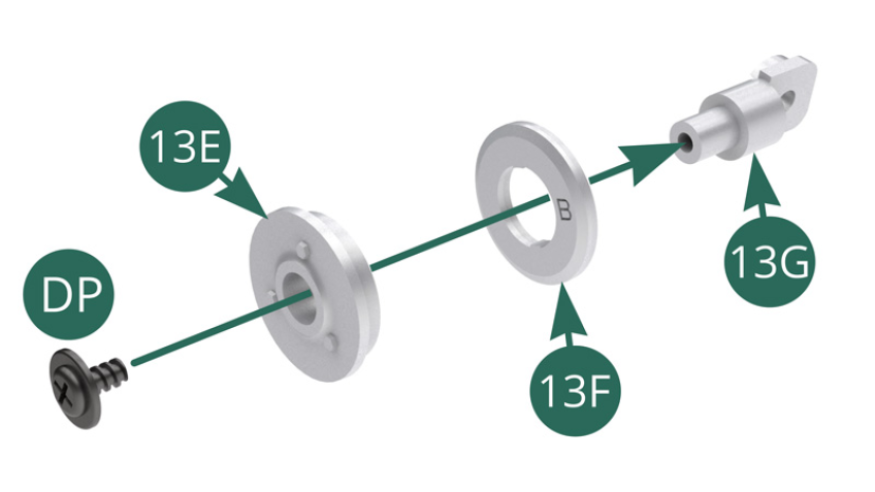 Position the inner 13F and outer 13E pulleys on axis 13G and secure them with a DP screw. 