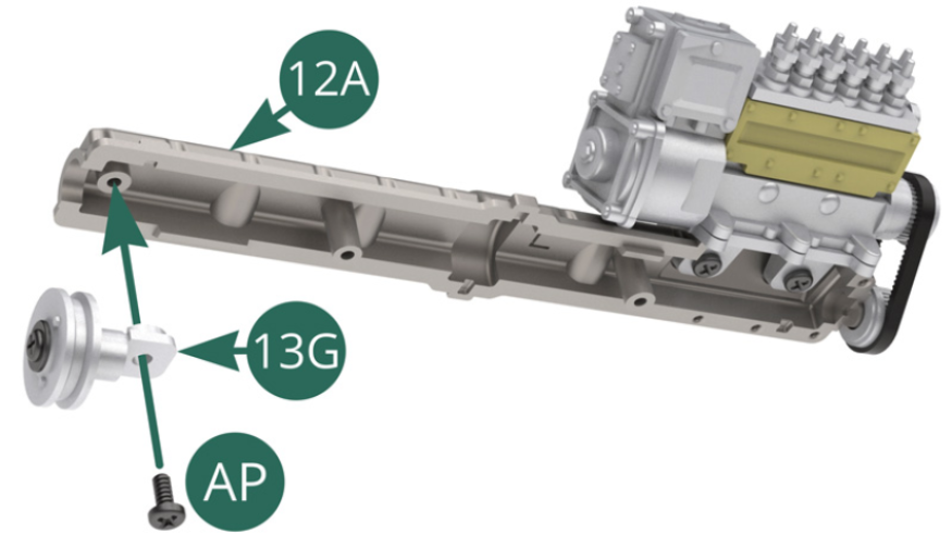 Position the pulley shaft 13G on the intake valve cover 12A and secure it with an AP screw. 