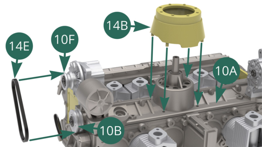 Position the upper air flow guide 14B on top of the Crankcase top 10A. 
