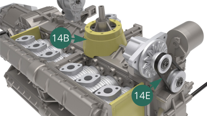 Position the secondary generator belt 14E on the pulleys 10F and 10B (illustrations above and opposite). 