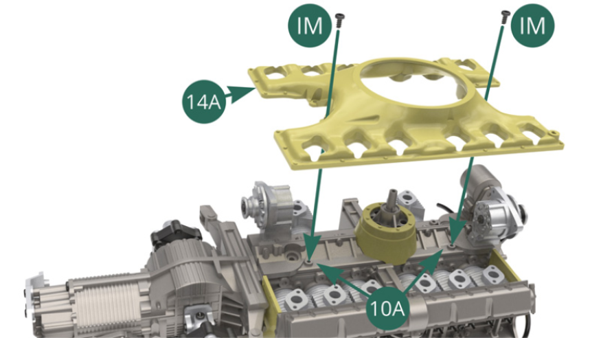 Position the top of the air cooling chamber 14A on the top of the Crankcase top 10A and secure it with four IM screws (illustrations opposite and below).