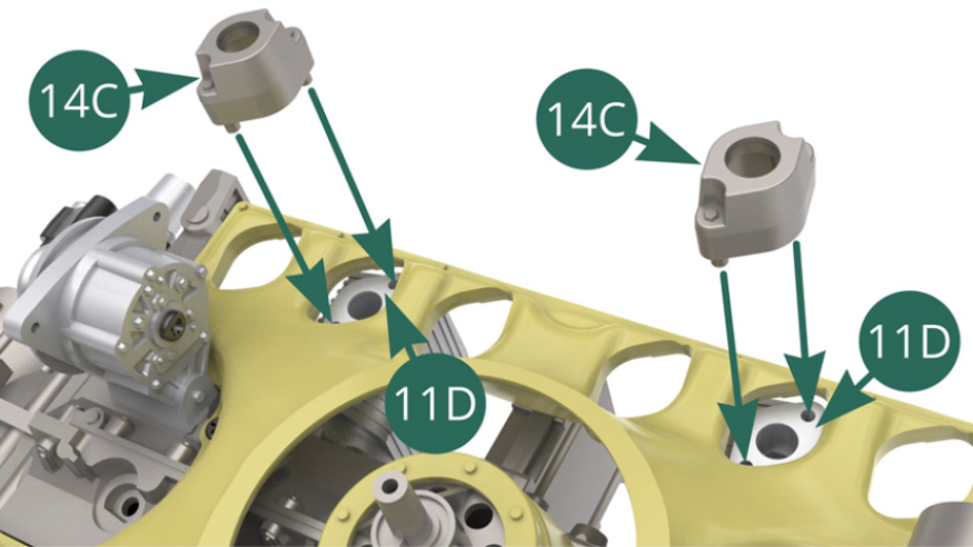 Position two 14C air intake brackets on the upper cylinder parts 11D on the left side of the engine. 