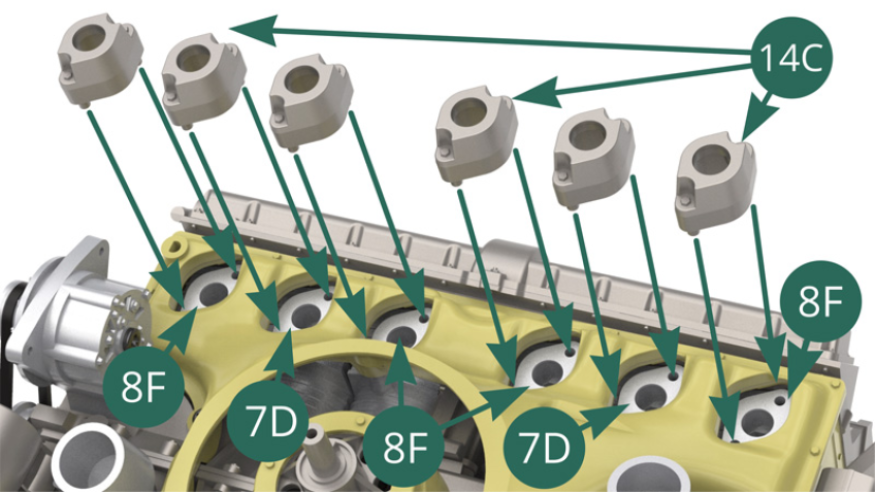 Position six 14C air intake brackets on the upper cylinder parts 8F (x 4) and 7D (x 2) on the right side of the engine.