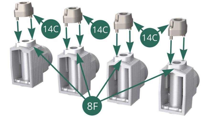 Position four 14C air intake brackets on four upper parts of 8F cylinder 