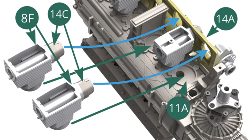 Position two upper cylinder parts 8F on the left engine block 11A by passing the two air intake supports 14C through the openings provided on the top of the air cooling chamber 14A, as indicated by the blue arrows. (illustrations above and opposite).
