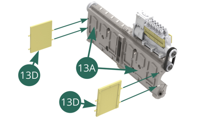 Position the two partitions 13D, riveted face outwards, at the ends of the cylinder head 13A.
